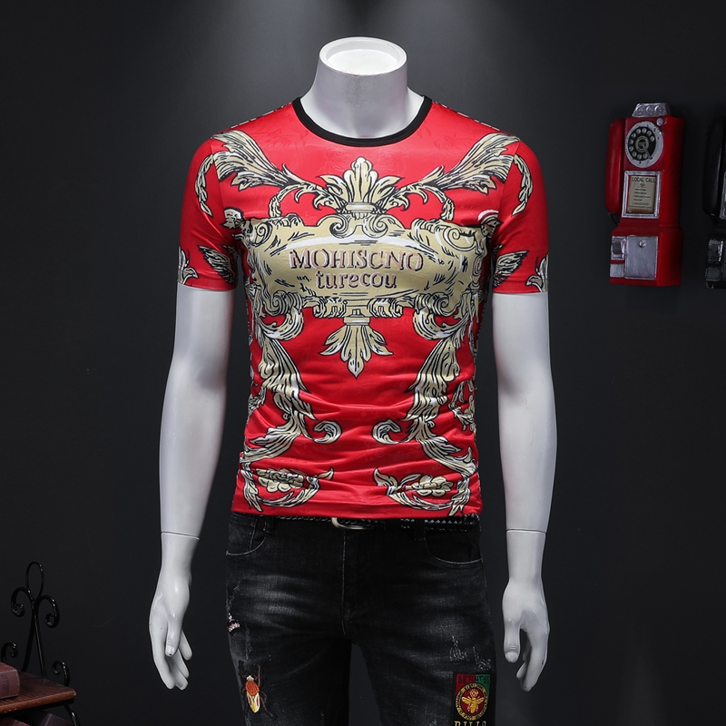 Image of 2023 summer new ice silk men&#039s tops retro printing short-sleeved T-shirt trend Korean version round neck fashion cotton bottoming shirt