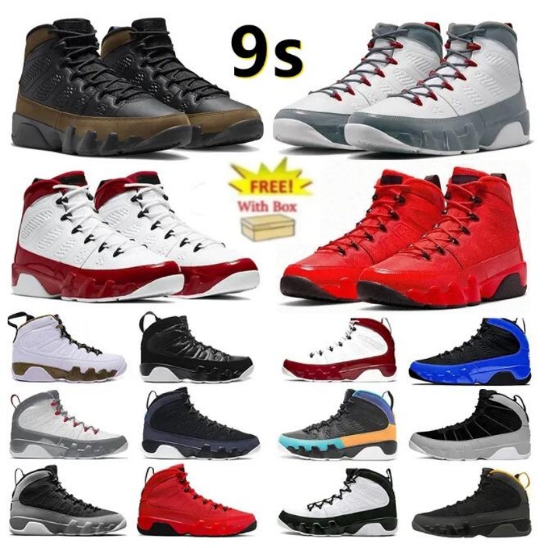 Image of 2024 9S Fire Red Basketball Shoes 9S Light Olive Concord Chile Red Bred Patent White Gym Red Sneakers trainers with box