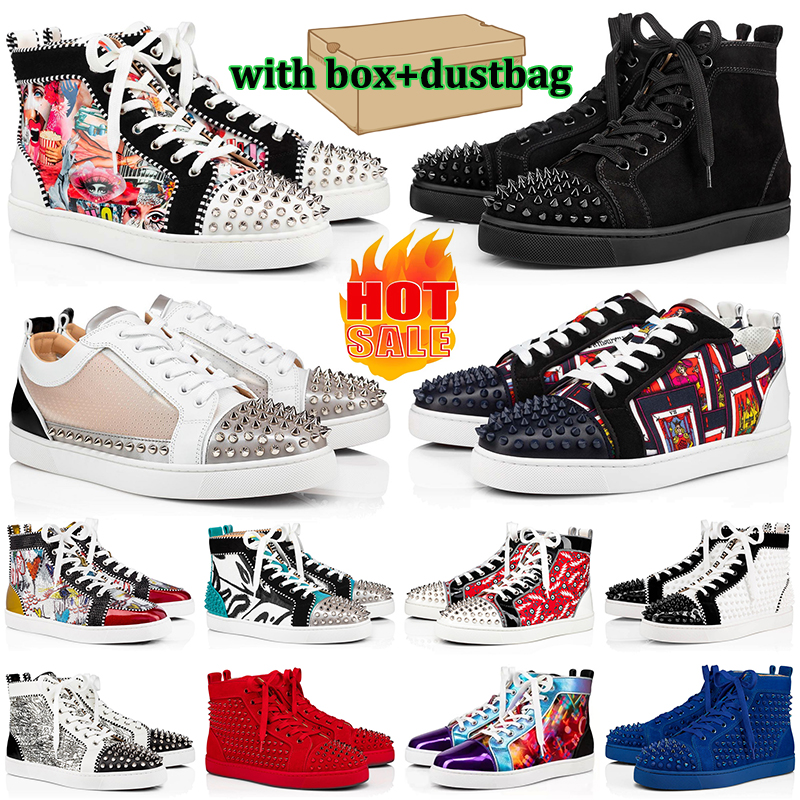 Image of 2024 with box red bottoms men women casual shoes luxury designer high low red bottom sneakers triple black pink studded spikes suede leather