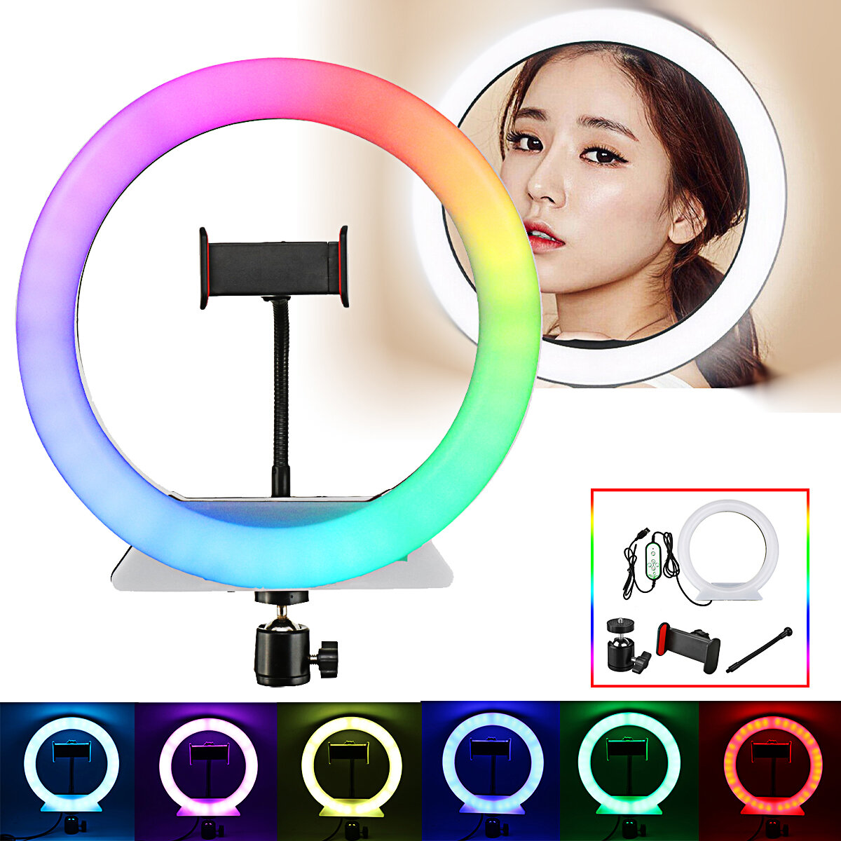 Image of 2800-6500K Stepless Dimming RGB Color LED Ring FillLight Lamp with Phone Clip Photography Lighting