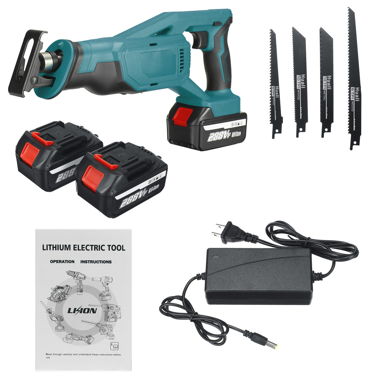 Image of 288VF Cordless Reciprocating Saw Rechargeable Electric Recip Sabre Saw W/ 4pcs Blade & 2pcs Battery Wood Metal Plastic S