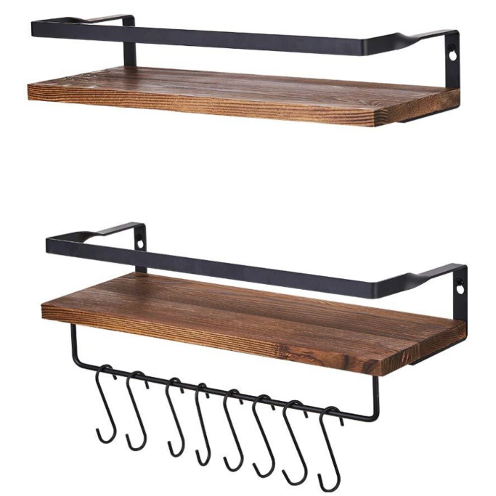 Image of 2pcs Wall Mounted Shelves Floating Hanging Storage Rack Home Bathroom Office Towel Holder With Hooks