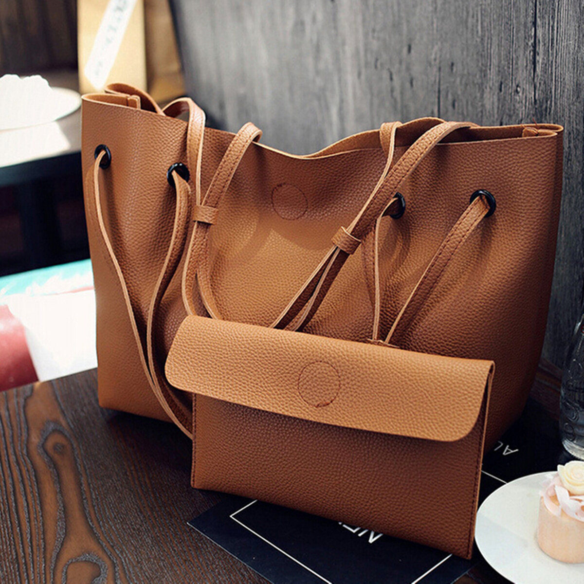 Image of 2pcs Women Leather Large Shoulder Messenger Shopping Bag Purse Handbag Tote