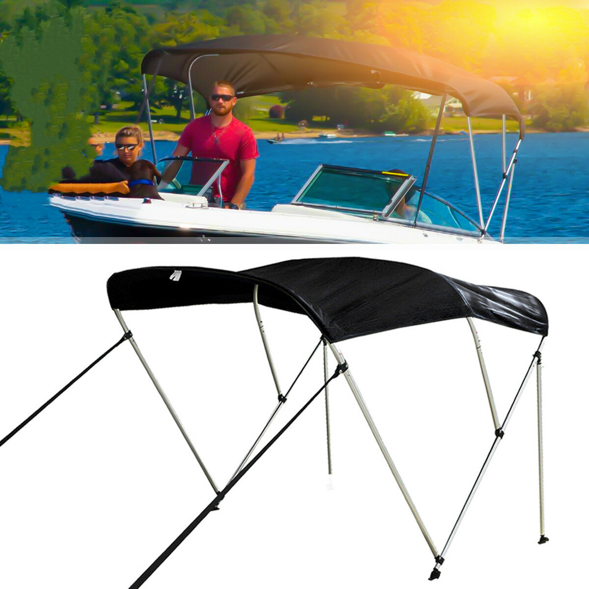 Image of 3 Bow Bimini Top Replacement Canvas Cover Boot Cover W/Rear Poles UV Resistant
