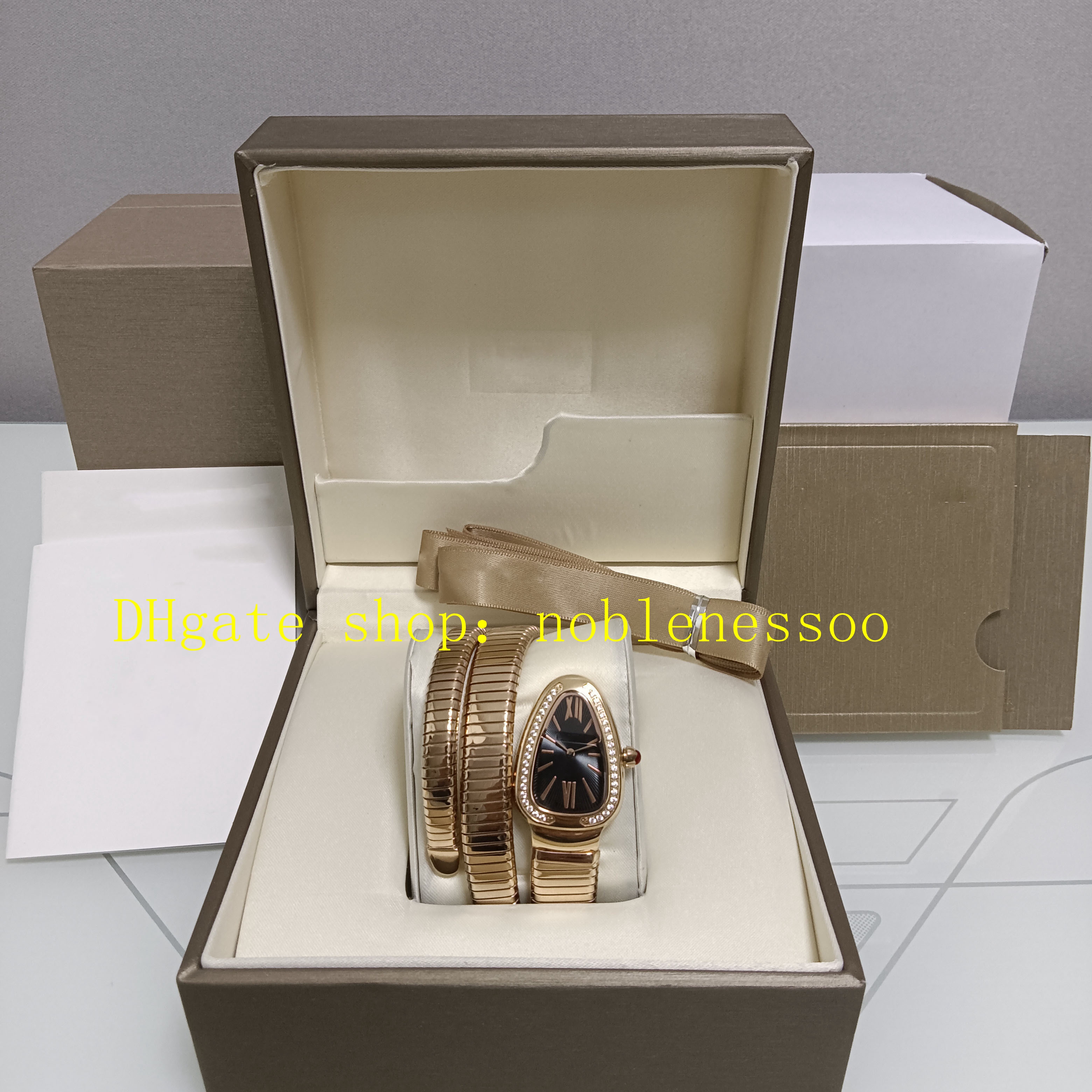 Image of 3 Color Ladies With Box Papers Watches Women Quartz Black Dial Diamond Bezel Tubogas Serpenti 101911 Casual Dress 18K Rose Gold Everose Wome