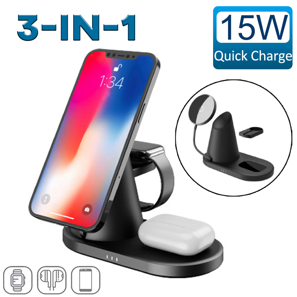 Image of 3-In-1 15W Fast Charging Magnetic Station Wireless Charger For iPhone 12/13