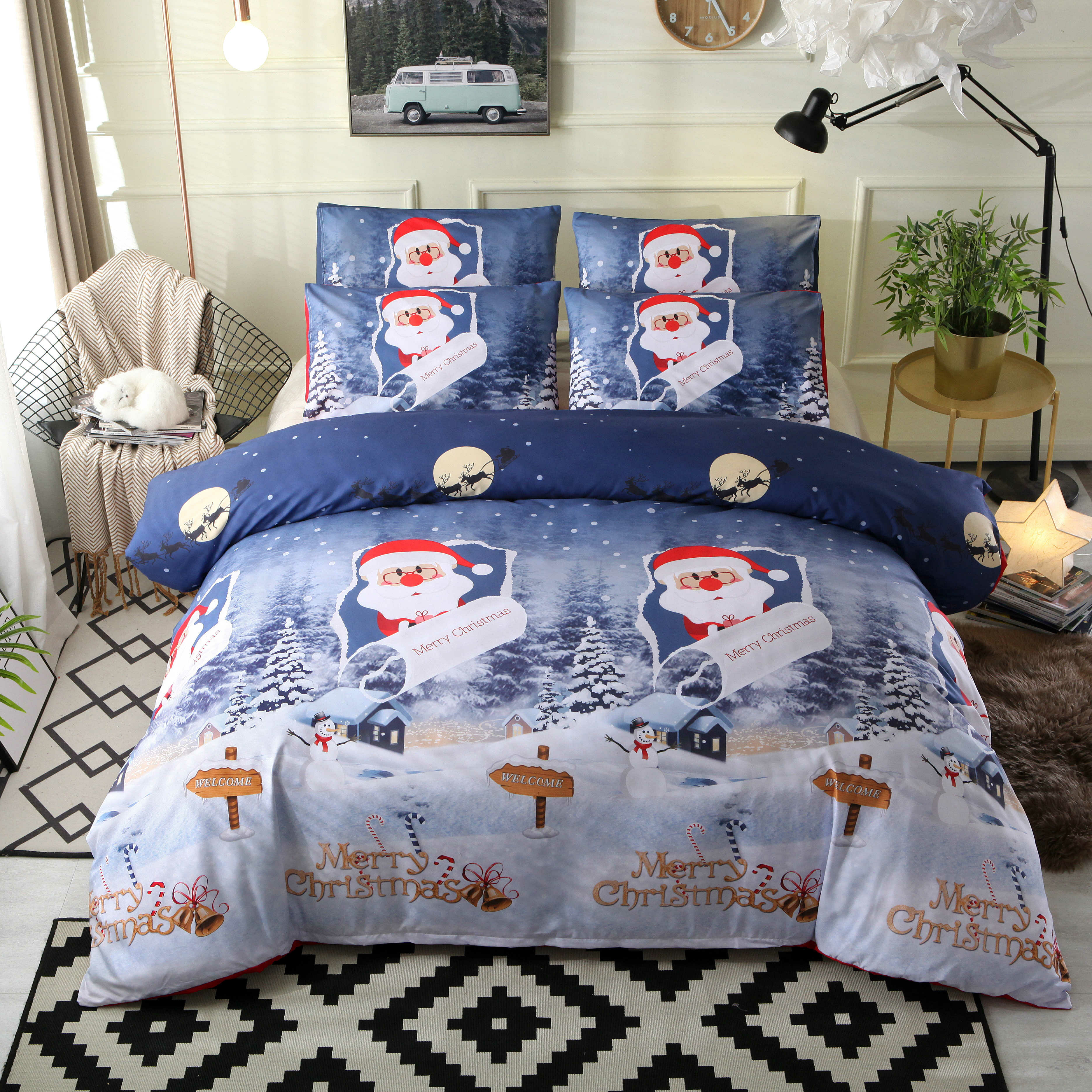 Image of 3 PCS Bedding Sets Happy Christmas Quilt Cover Pillowcase For Queen Size