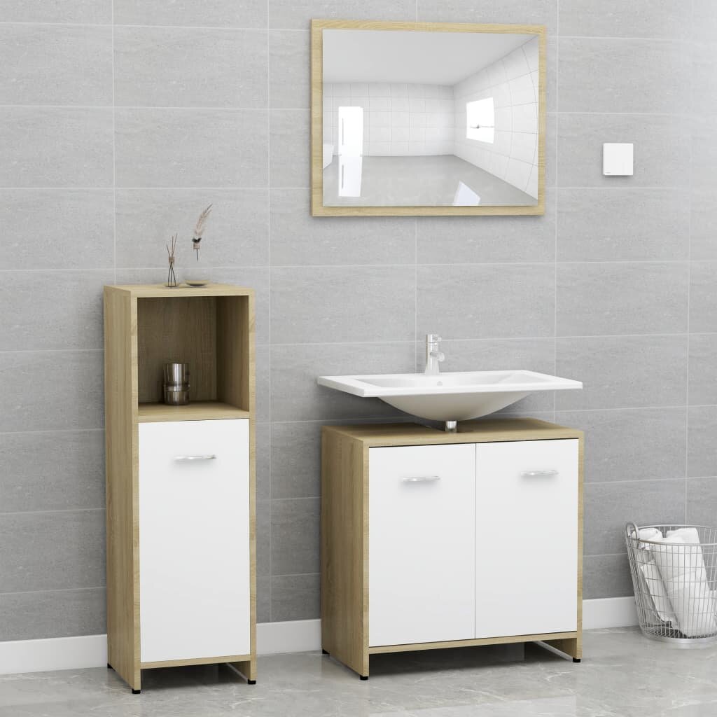 Image of 3 Piece Bathroom Furniture Set White and Sonoma Oak Chipboard