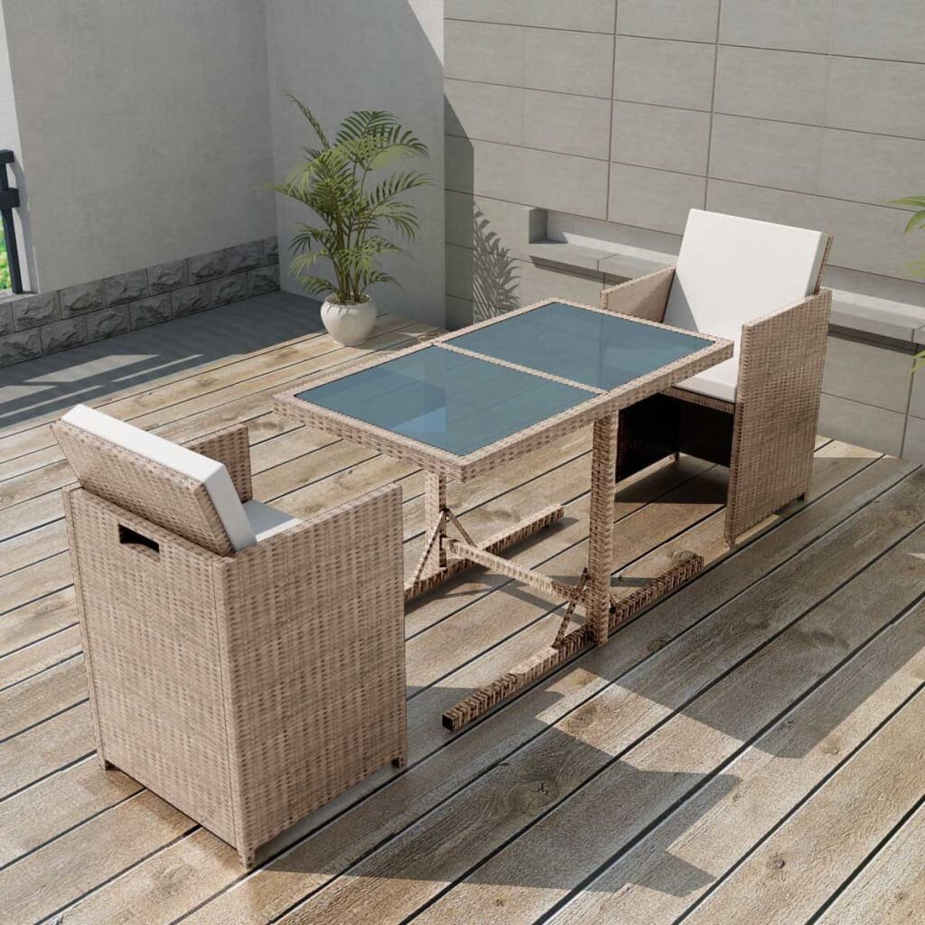 Image of 3 Piece Outdoor Dinner Furniture Set Bistro Set with Cushions Poly Rattan Beige