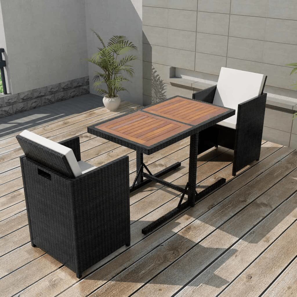 Image of 3 Piece Outdoor Dinner Furniture Set Bistro Set with Cushions Poly Rattan Black