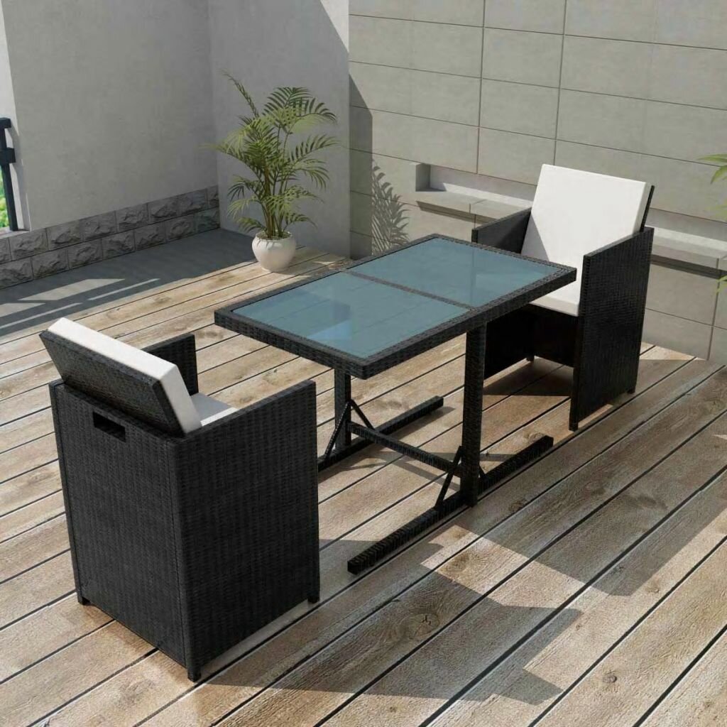 Image of 3 Piece Outdoor Dinner Furniture Set Bistro Set with Cushions Poly Rattan Black Black