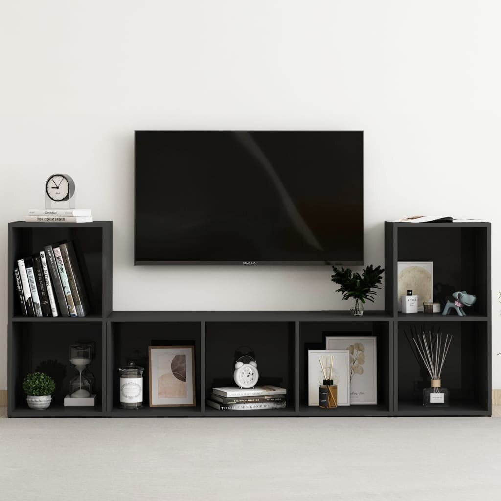 Image of 3 Piece TV Cabinet Set High Gloss Black Chipboard