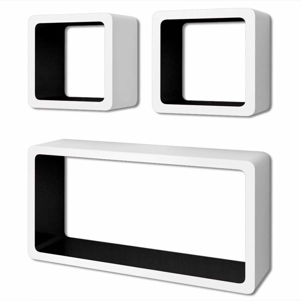Image of 3 White-Black MDF Floating Wall Display Shelf Cubes Book/DVD Storage