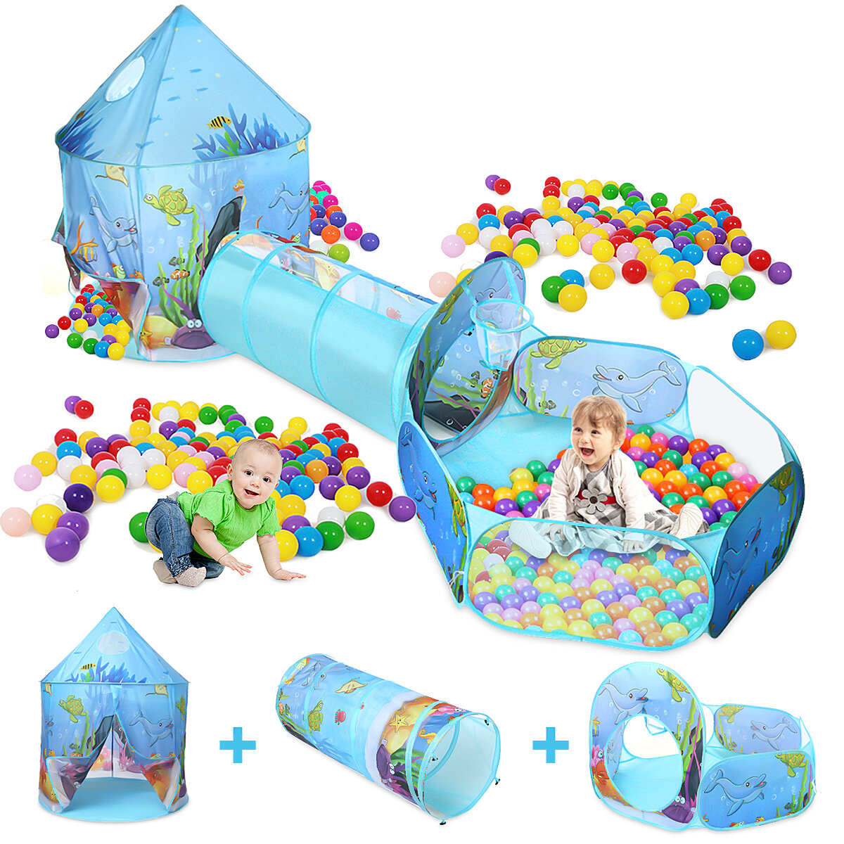 Image of 3-in-1 Kids Play Tent Portable Castle Playhouse Play Tunnels Ball Pit Children Game House Gift
