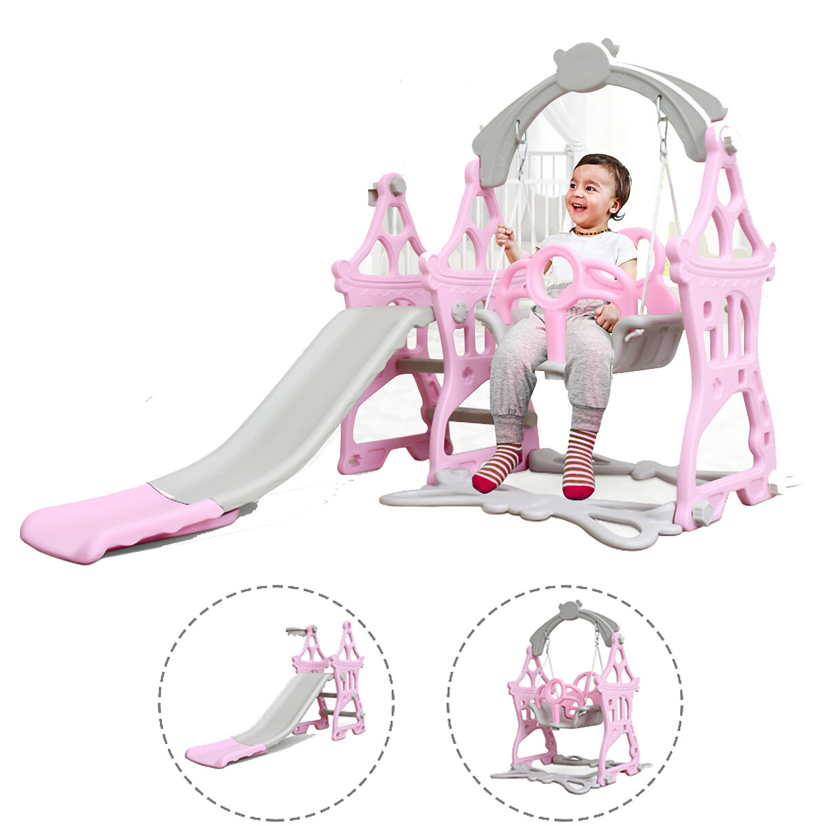 Image of 3 in 1 Kids Slide Swing Combination Children Indoor Playground Househeld Swing Toys + Basketball Hoop + Slide