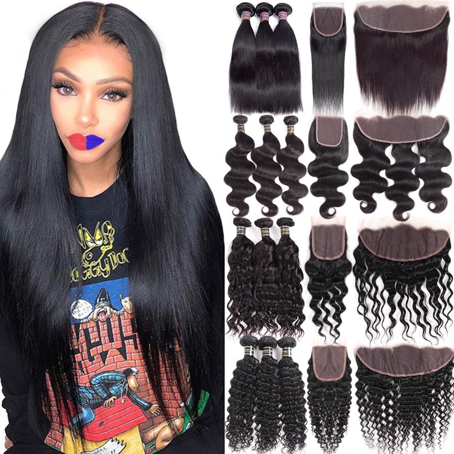 Image of 30 40 Inches Human Remy Hair Bundles With Lace Frontal Closure Straight Body Deep Water Loose Wave Jerry Kinky Curly Brazilian Virgin 3 4 We