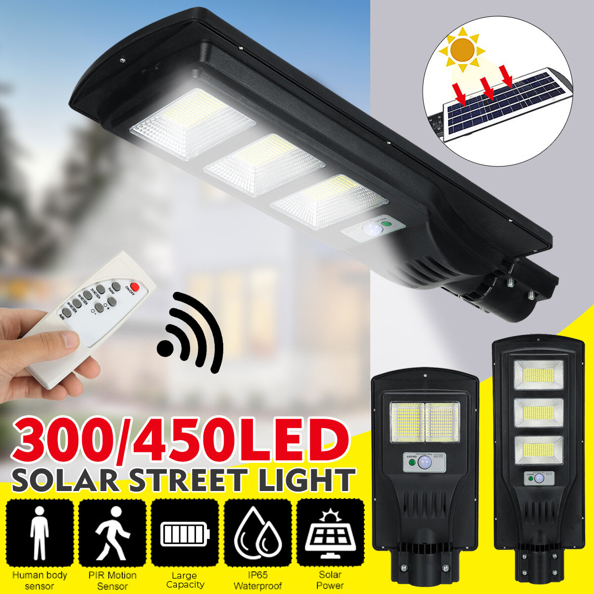 Image of 300/450 LED Solar Street Light PIR Motion Sensor Security Wall Lamp Waterproof Outdoor Lighting
