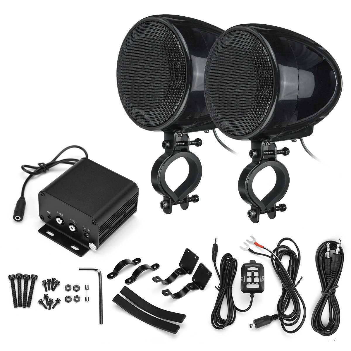 Image of 300W 4" Sliver/Black Motorcycle Bluetooth Speakers FM Radio Audio Waterproof Stereo ATV UTV Cart