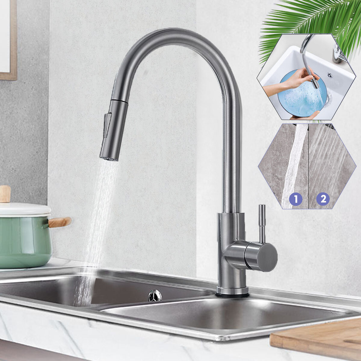 Image of 304 Stretching Faucet Double Inlet Pipe Two Outlet Methods Thin Head Silver