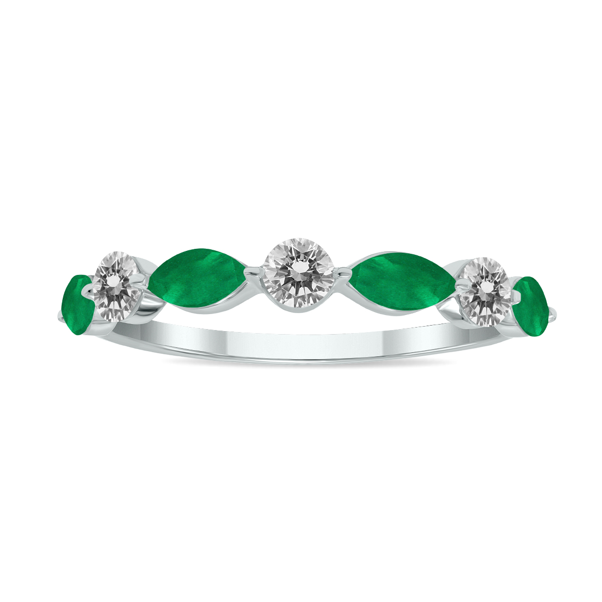 Image of 3/4 CTW Marquise Shape Emerald and Diamond Wedding Band in 10K White Gold