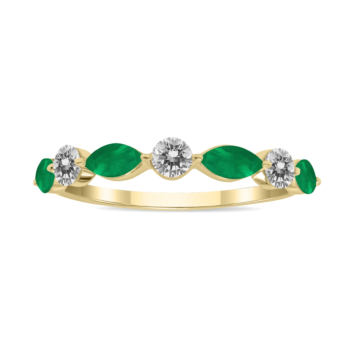 Image of 3/4 CTW Marquise Shape Emerald and Diamond Wedding Band in 10K Yellow Gold