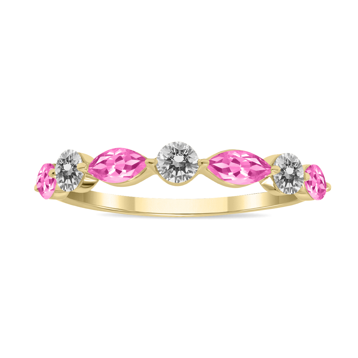 Image of 3/4 CTW Marquise Shape Pink Topaz and Diamond Wedding Band in 10K Yellow Gold