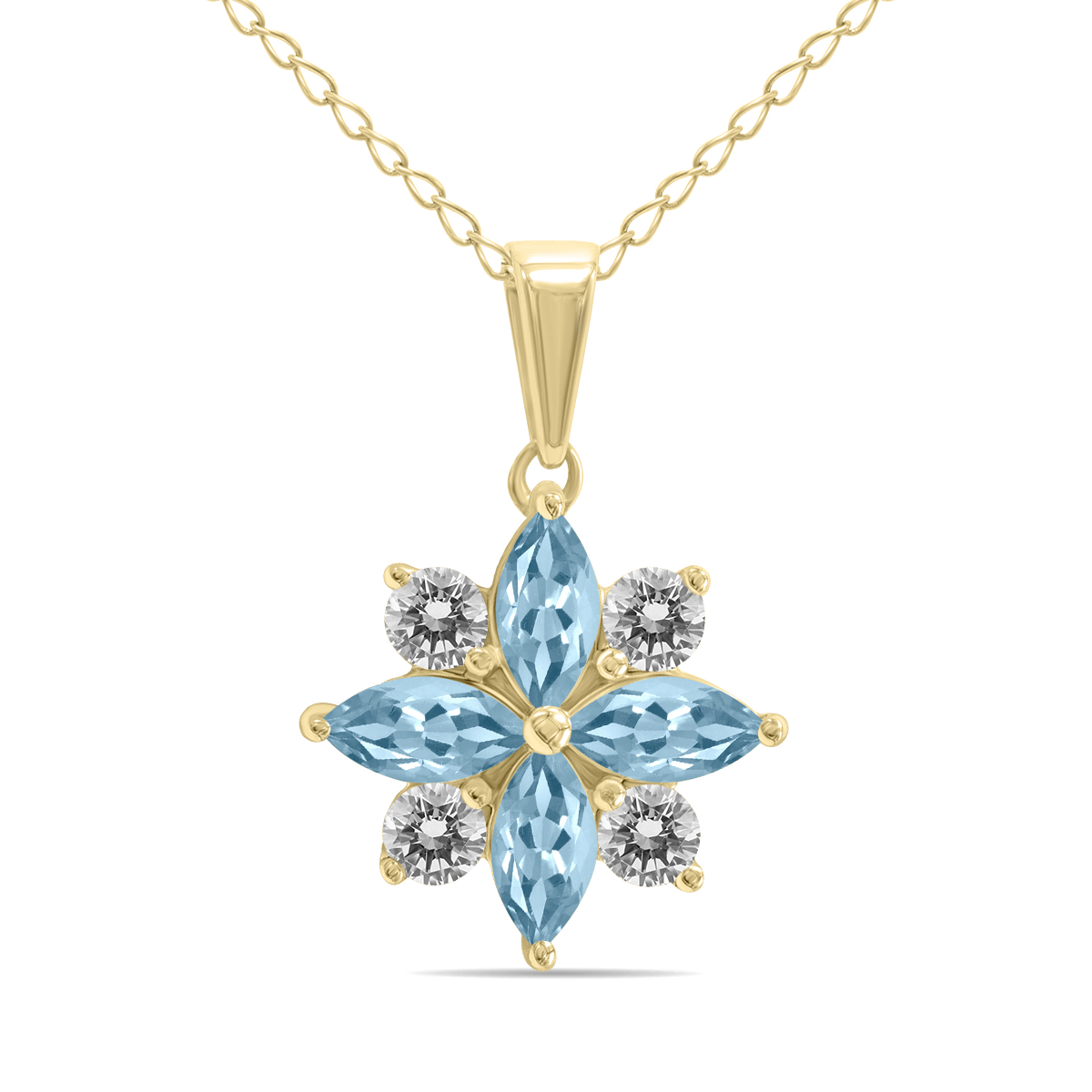 Image of 3/4 Carat TW Aquamarine and Diamond Flower Pendant in 10K Yellow Gold