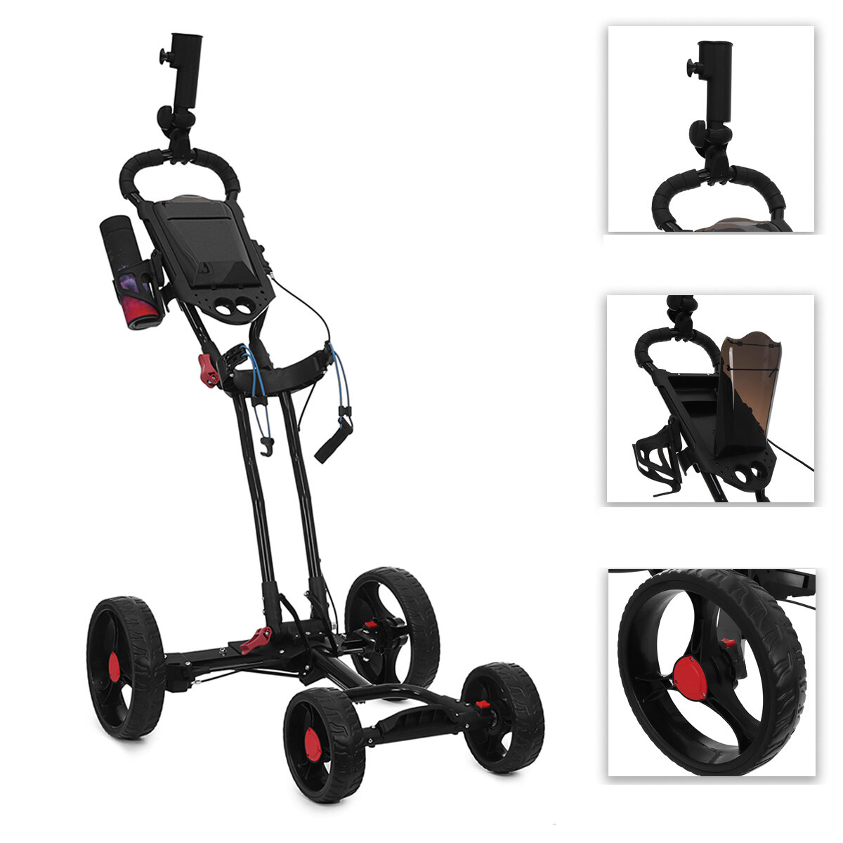 Image of 4 Wheel Folding Golf Pull Push Cart Golf Trolley Golf Bag with Umbrella Cup Holder Outdoor Team Sport