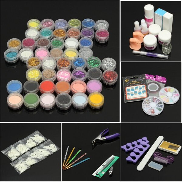 Image of 48 Pro Acrylic Glitter Powder Nail Art Gel Brush Tips Kit Set
