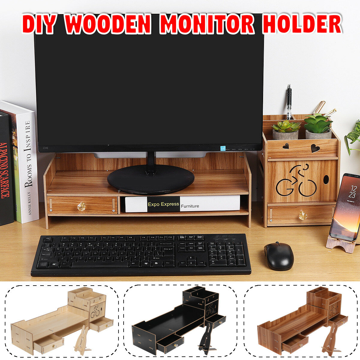 Image of 49X20X135cm Multifunctional Wooden Monitor Riser Stand Desktop Holder File Storage Drawer for iMac