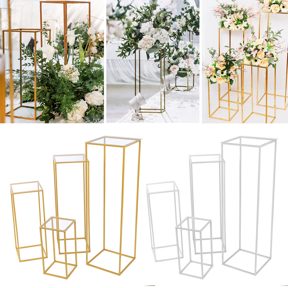 Image of 4PCS Wedding Gold-plated Geometric Flower Stand Wedding T-stage Guide Metal Iron Rectangle Square Frame Decoration