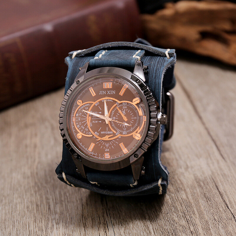 Image of 5 Colors Men Genuine Leather Strap Alloy Vintage Casual Wide Band Quartz Watch