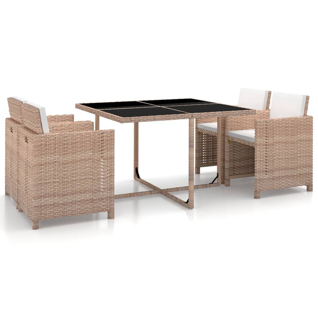 Image of 5 Piece Outdoor Dining Set with Cushions Poly Rattan Beige
