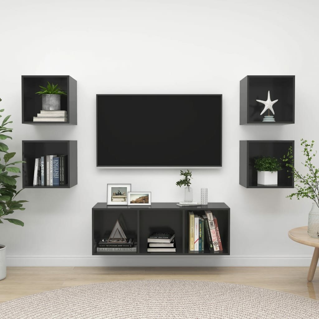 Image of 5 Piece TV Cabinet Set High Gloss Gray Chipboard
