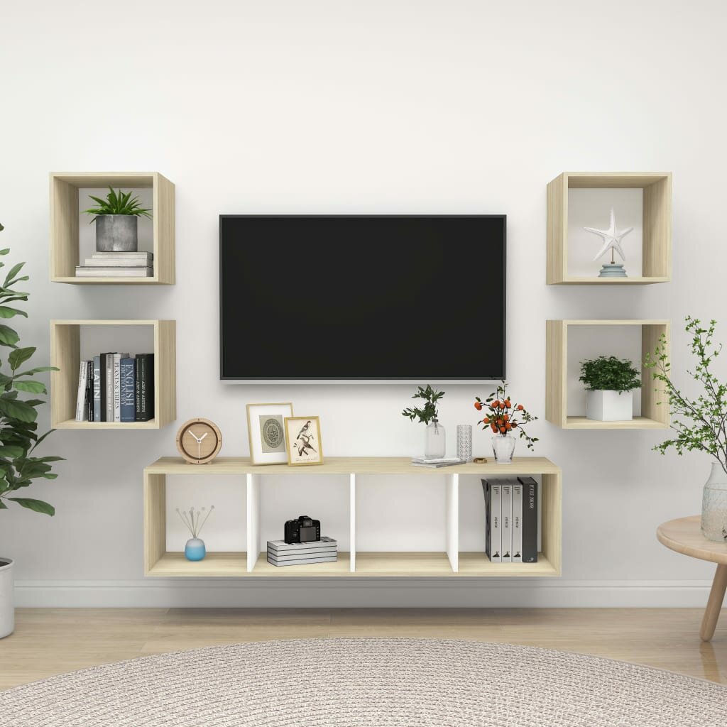 Image of 5 Piece TV Cabinet Set White and Sonoma Oak Chipboard