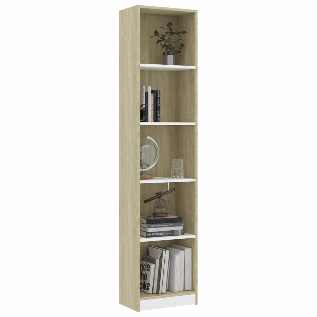 Image of 5-Tier Book Cabinet White and Sonoma Oak 157"x94"x689" Chipboard