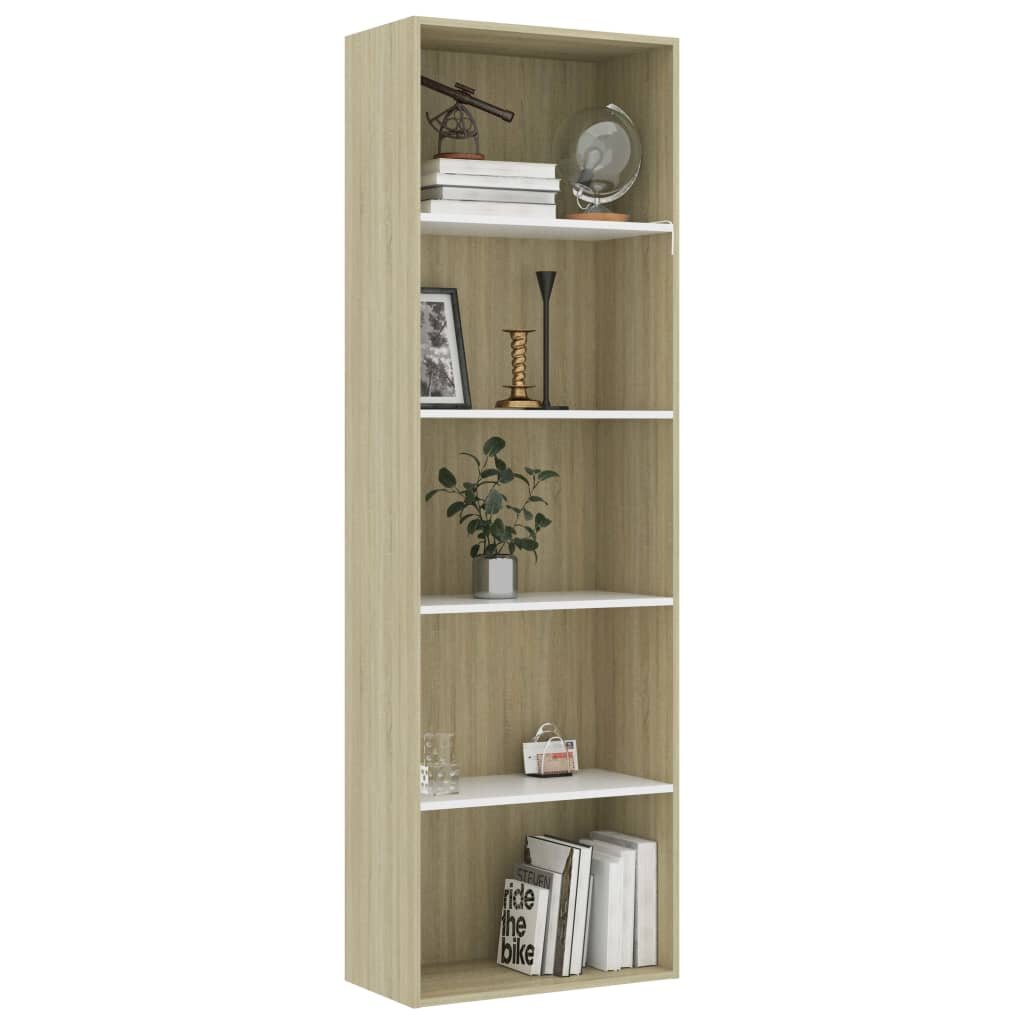 Image of 5-Tier Book Cabinet White and Sonoma Oak 236"x118"x744" Chipboard