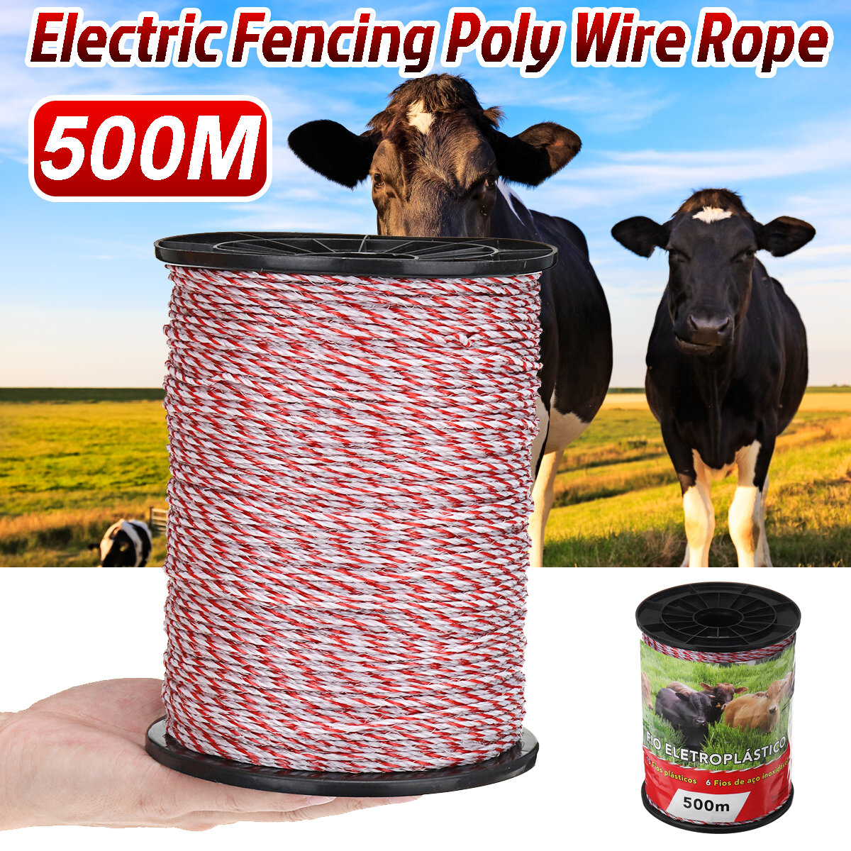 Image of 500M Roll Electric Fence Rope Red White Polywire with Steel Poly Rope for Horse Animal Fencing Ultra Low Resistance Wire