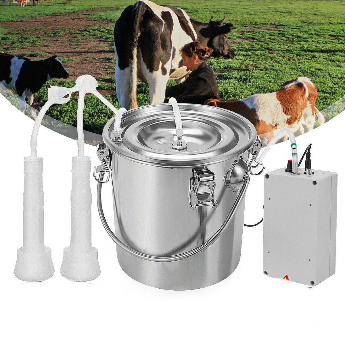 Image of 5L Electric Milking Machine Stainless Steel Bucket Pulsating Milking Machine for Farm Cows Cattle Goat Vacuum Pump Bucke