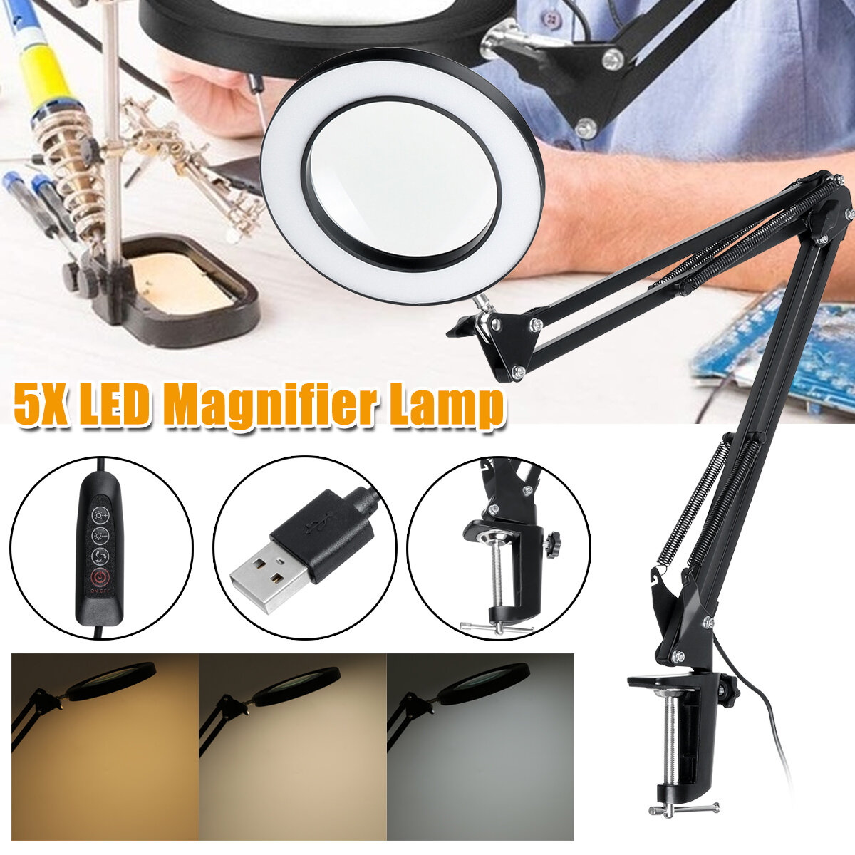 Image of 5X Magnifying Lamp Clamp Mount LED Magnifier Lamp Manicure Tattoo Beauty Light