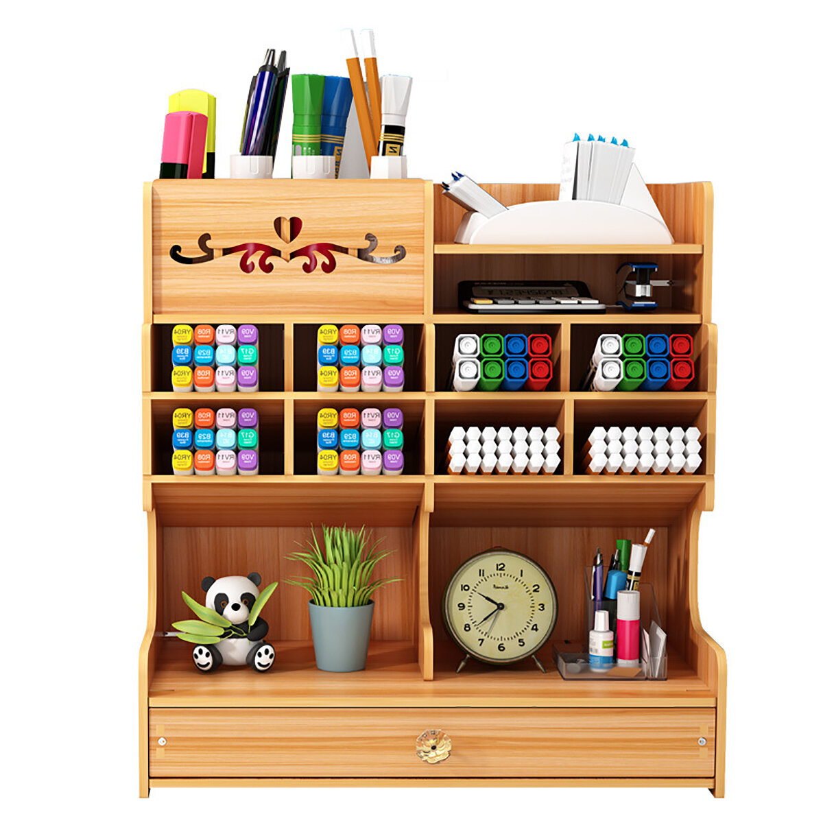 Image of 5tiers Wooden Desk Organizer Multi-Functional DIY Pen Holder Box Desktop Stationary Home Office Supply Storage Rack