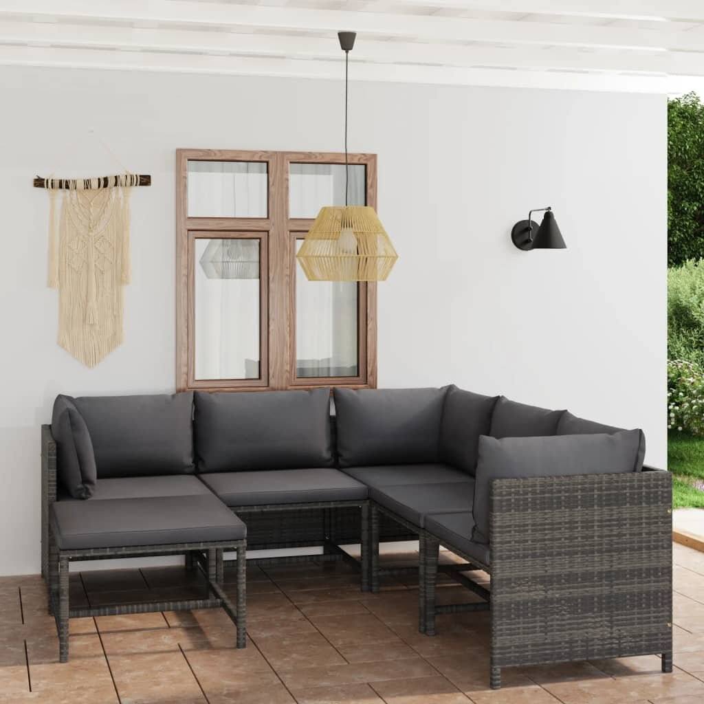 Image of 6 Piece Patio Lounge Set with Cushions Poly Rattan Gray