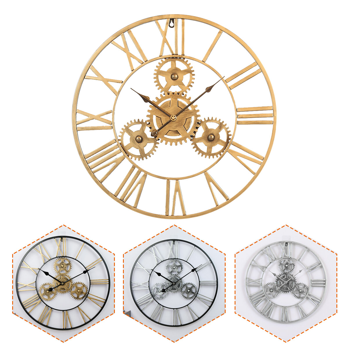 Image of 60CM Large Vintage Gear Art Wall Clock Big Roman Numeral Giant Round Open Face