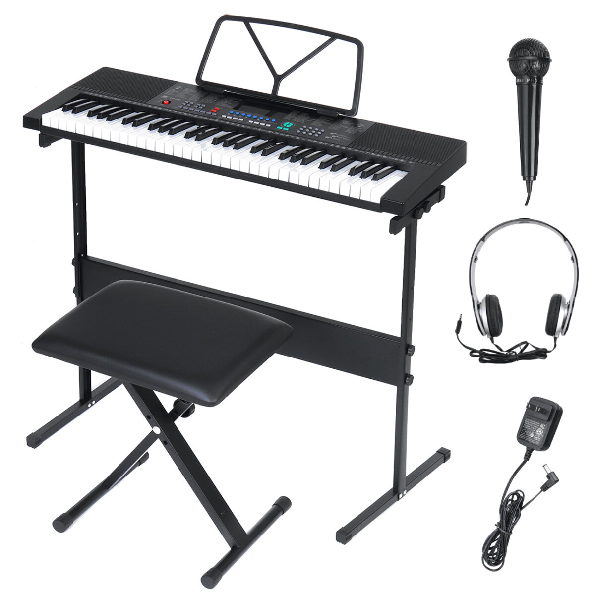 Image of 61 Key Music Keyboard with LED Display Electronic Digital Piano with Headphones Microphone Piano Stand Music Rest an