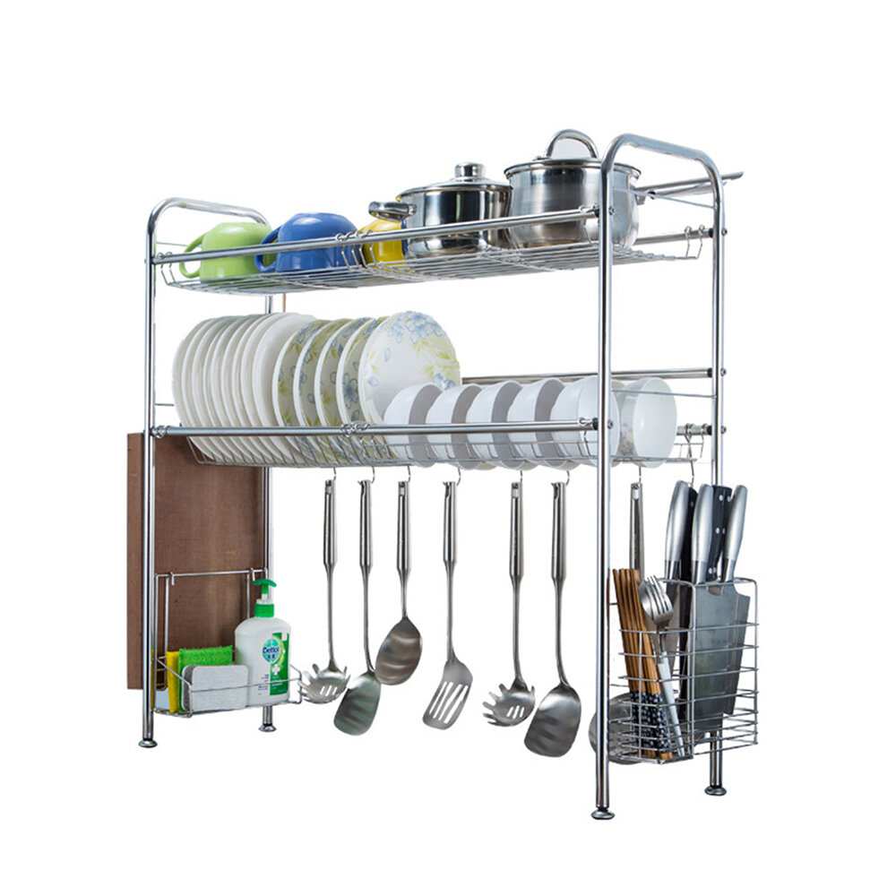 Image of 64/74/84/94cm Stainless Steel Rack Shelf Double Layers Storage for Kitchen Dishes Arrangement