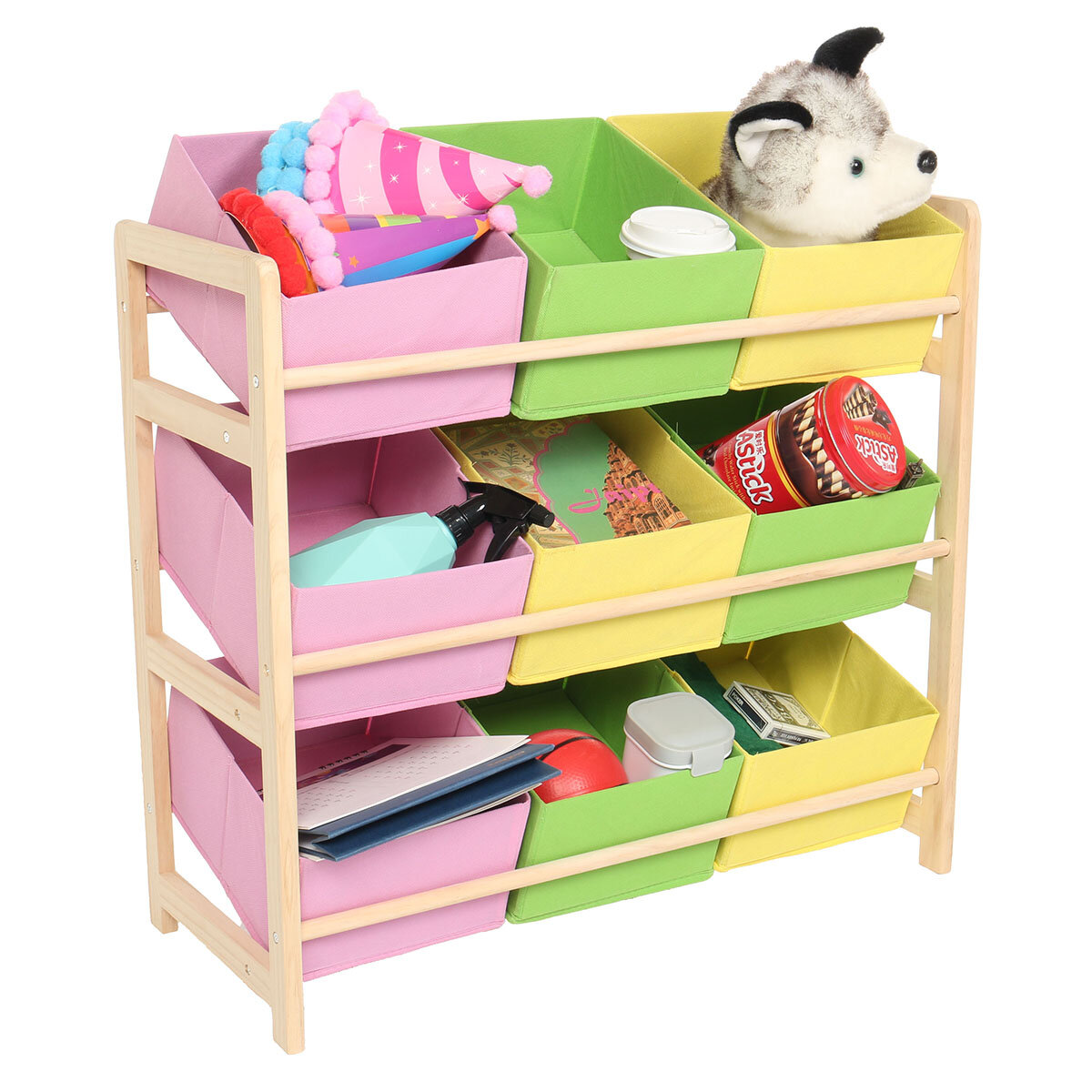 Image of 66*30*9CM Yellow Pink Green Solid Wood Children's Toy Rack Storage Rack Toy Rack
