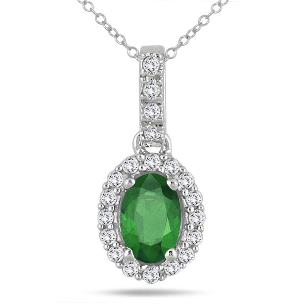 Image of 6x4MM Oval Emerald and Diamond Halo Pendant in 10K White Gold