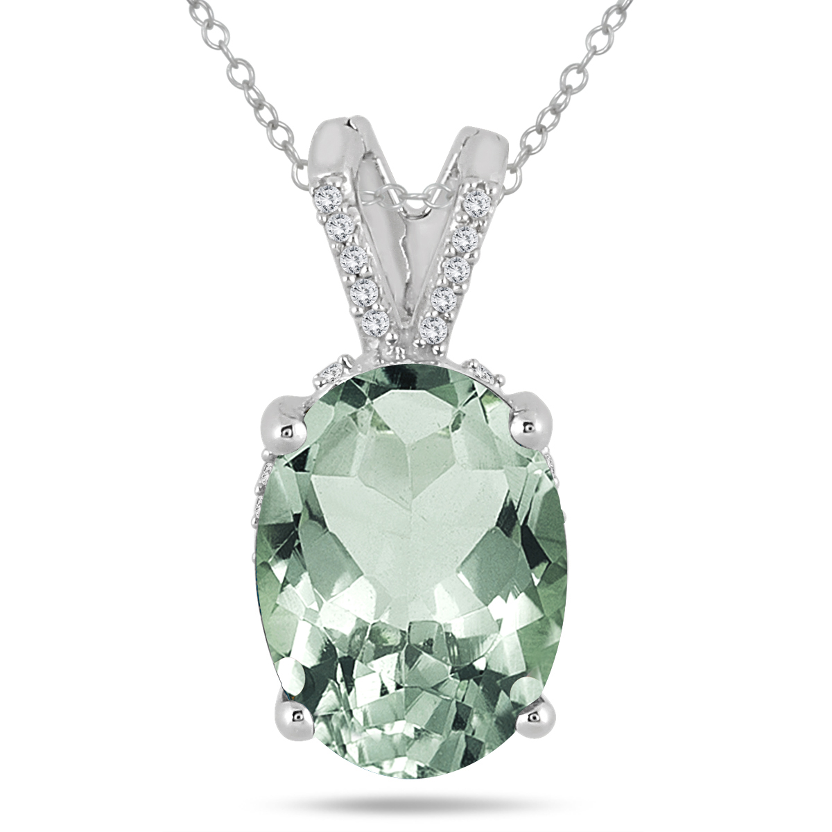 Image of 7 Carat Oval Green Amethyst and Diamond Engraved Pendant in 10K White Gold
