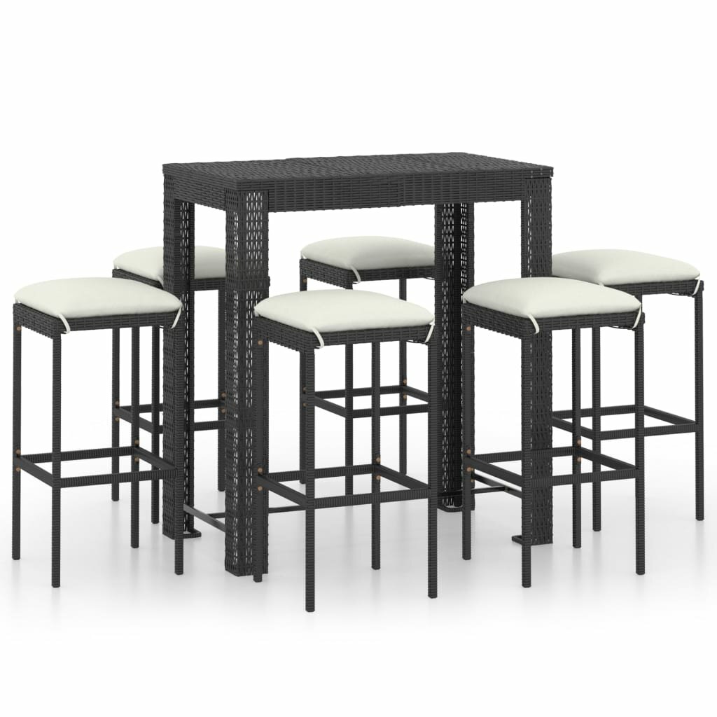 Image of 7 Piece Garden Bar Set with Cushions Poly Rattan Black