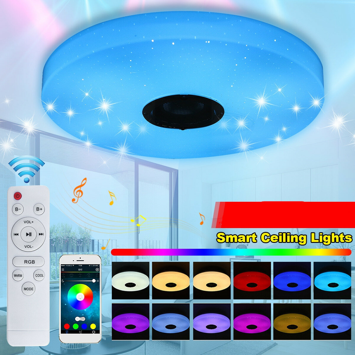 Image of 72W Smart LED Ceiling Light Lamp RGB bluetooth Music Speaker Bedroom Wall Lamp